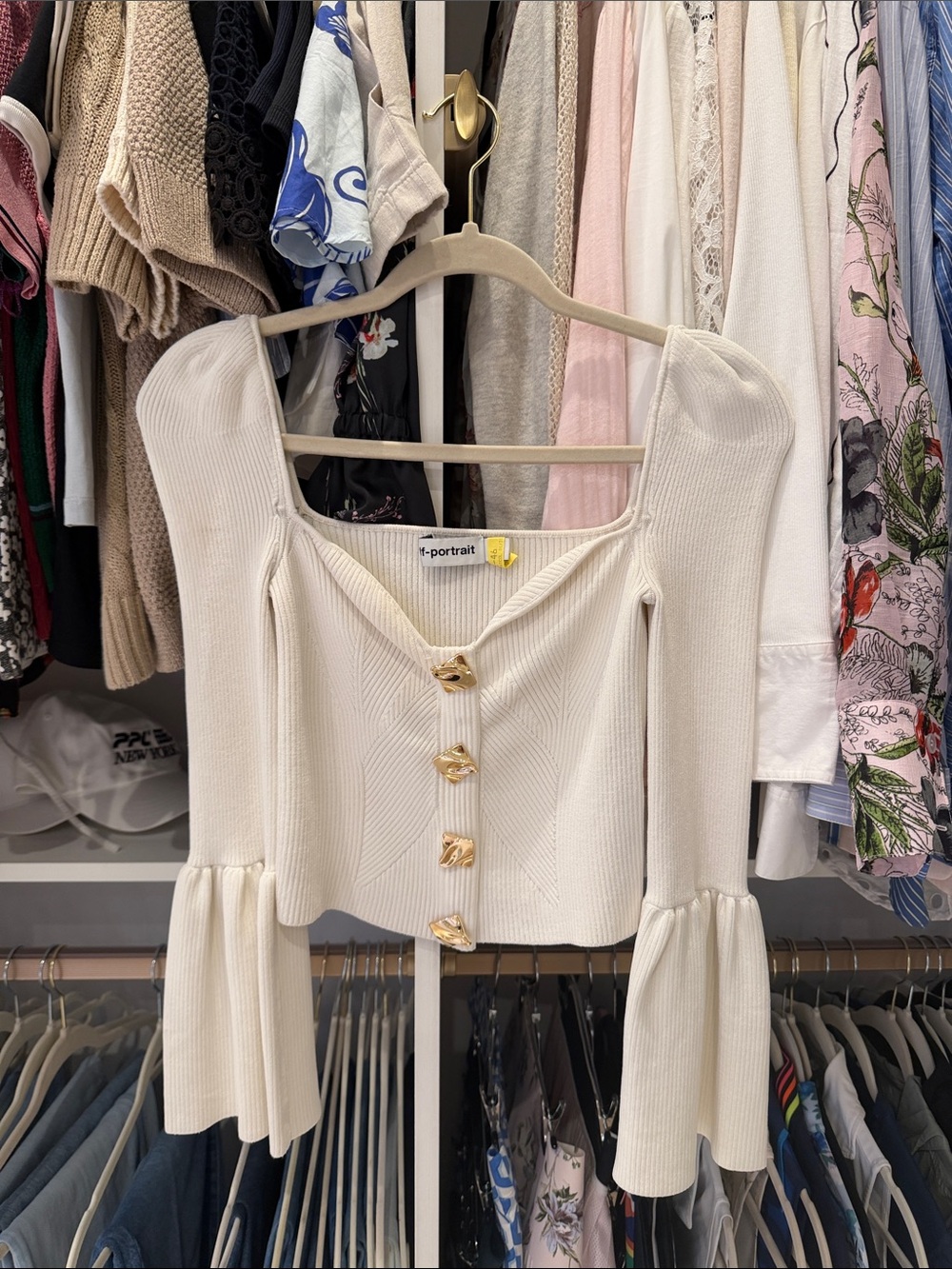Self-Portrait Cream Ribbed Button-Front Knit Top - Picture 5 of 11